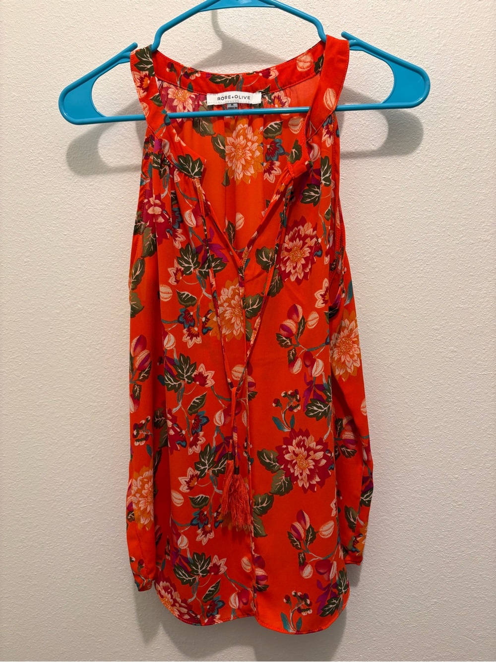 Rose & Olive Bright Orange Floral Tassel V-Neck Camisole